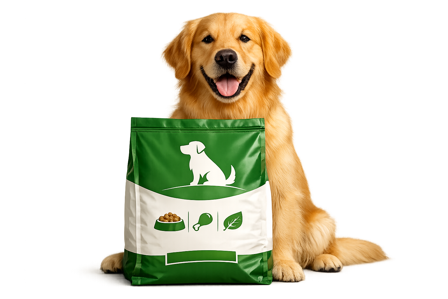 Happy dog with pet food